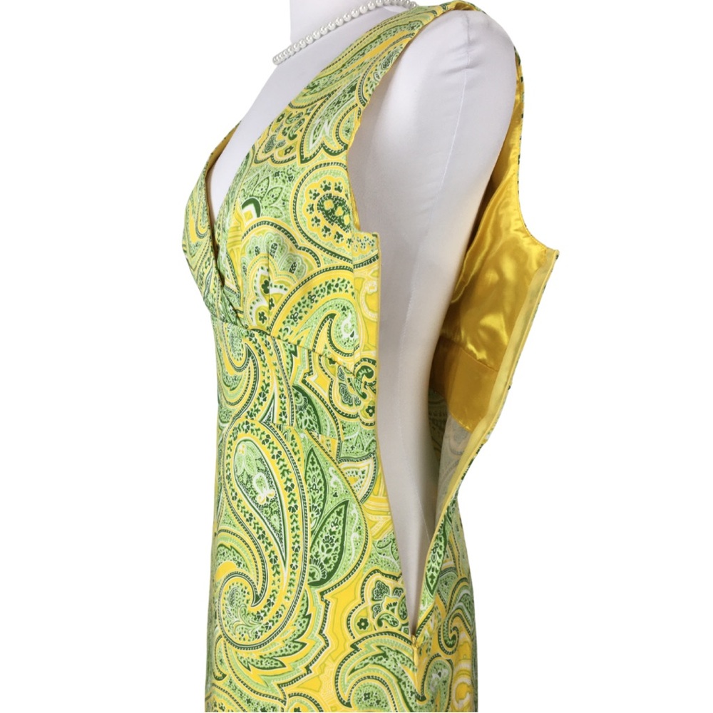 Spense Paisley Yellow and Green Cotton Surplice V-Neck Sleeveless Midi Dress 12 - Picture 12 of 16
